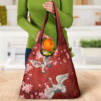 Hawaii Japan Cranes Sakura Flower Red Grocery Bag Japan Heritage Spirit - Polynesian Pride