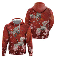 Hawaii Japan Cranes Sakura Flower Red Hoodie Japan Heritage Spirit - Polynesian Pride