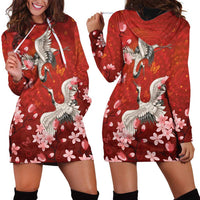 Hawaii Japan Cranes Sakura Flower Red Hoodie Dress Japan Heritage Spirit - Polynesian Pride