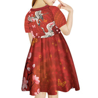 Hawaii Japan Cranes Sakura Flower Red Kid Short Sleeve Dress Japan Heritage Spirit - Polynesian Pride