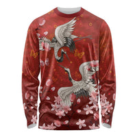 Hawaii Japan Cranes Sakura Flower Red Long Sleeve Shirt Japan Heritage Spirit LT01 Unisex Red - Polynesian Pride