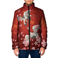 Hawaii Japan Cranes Sakura Flower Red Padded Jacket Japan Heritage Spirit LT01 Men Red - Polynesian Pride