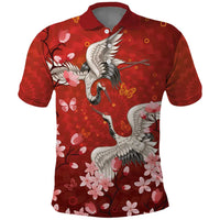 Hawaii Japan Cranes Sakura Flower Red Polo Shirt Japan Heritage Spirit LT01 Red - Polynesian Pride