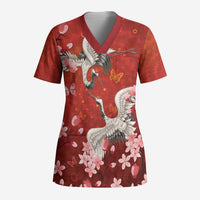 Hawaii Japan Cranes Sakura Flower Red Scrub Top Japan Heritage Spirit LT01 Adult Red - Polynesian Pride