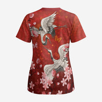 Hawaii Japan Cranes Sakura Flower Red Scrub Top Japan Heritage Spirit LT01 - Polynesian Pride