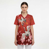 Hawaii Japan Cranes Sakura Flower Red Scrub Top Japan Heritage Spirit LT01 - Polynesian Pride