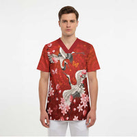 Hawaii Japan Cranes Sakura Flower Red Scrub Top Japan Heritage Spirit LT01 - Polynesian Pride