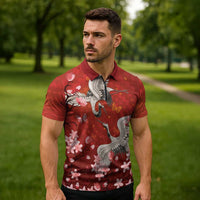 Hawaii Japan Cranes Sakura Flower Red Zipper Polo Shirt Japan Heritage Spirit - Polynesian Pride