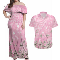 Cranes Sakura Floral Pink Pastel Couples Matching Off Shoulder Maxi Dress and Hawaiian Shirt Hawaii Japan Culture LT01 Pink - Polynesian Pride