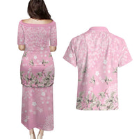 Cranes Sakura Floral Pink Pastel Couples Matching Puletasi and Hawaiian Shirt Hawaii Japan Culture - Polynesian Pride