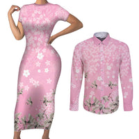 Cranes Sakura Floral Pink Pastel Couples Matching Short Sleeve Bodycon Dress and Long Sleeve Button Shirt Hawaii Japan Culture - Polynesian Pride