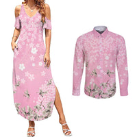 Cranes Sakura Floral Pink Pastel Couples Matching Summer Maxi Dress and Long Sleeve Button Shirt Hawaii Japan Culture - Polynesian Pride