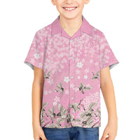 Cranes Sakura Floral Pink Pastel Family Matching Off Shoulder Short Dress and Hawaiian Shirt Hawaii Japan Culture - Polynesian Pride