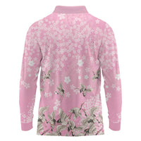 Cranes Sakura Floral Pink Pastel Long Sleeve Polo Shirt Hawaii Japan Culture LT01 - Polynesian Pride