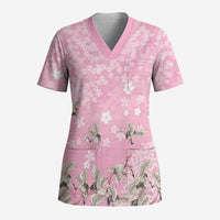 Cranes Sakura Floral Pink Pastel Scrub Top Hawaii Japan Culture LT01 Adult Pink - Polynesian Pride