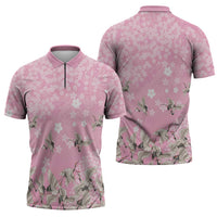 Cranes Sakura Floral Pink Pastel Zipper Polo Shirt Hawaii Japan Culture - Polynesian Pride