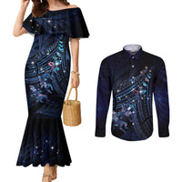 Personalised Matariki Paua Shell New Zealand Couples Matching Mermaid Dress and Long Sleeve Button Shirt Haka Dance At The Starry Night LT01 Black - Polynesian Pride