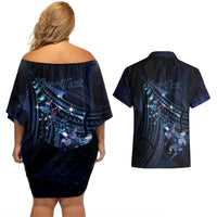 Personalised Matariki Paua Shell New Zealand Couples Matching Off Shoulder Short Dress and Hawaiian Shirt Haka Dance At The Starry Night LT01 - Polynesian Pride