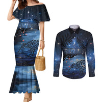 Personalised Matariki Kiwi Couples Matching Mermaid Dress and Long Sleeve Button Shirt Silver Fern LT01 Black - Polynesian Pride