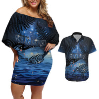 Personalised Matariki Kiwi Couples Matching Off Shoulder Short Dress and Hawaiian Shirt Silver Fern LT01 Black - Polynesian Pride