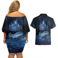 Personalised Matariki Kiwi Couples Matching Off Shoulder Short Dress and Hawaiian Shirt Silver Fern LT01 - Polynesian Pride