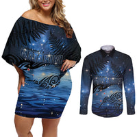 Personalised Matariki Kiwi Couples Matching Off Shoulder Short Dress and Long Sleeve Button Shirt Silver Fern LT01 Black - Polynesian Pride