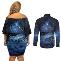 Personalised Matariki Kiwi Couples Matching Off Shoulder Short Dress and Long Sleeve Button Shirt Silver Fern LT01 - Polynesian Pride