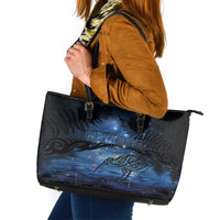Matariki Kiwi Leather Tote Bag Silver Fern LT01 Black - Polynesian Pride