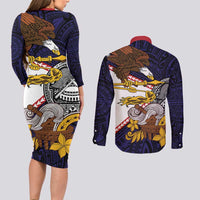 American Samoa Eagle Kava Bowl Couples Matching Long Sleeve Bodycon Dress and Long Sleeve Button Shirt Plumeria Polynesian Pattern