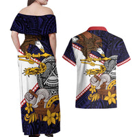 American Samoa Eagle Kava Bowl Couples Matching Off Shoulder Maxi Dress and Hawaiian Shirt Plumeria Polynesian Pattern