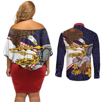 American Samoa Eagle Kava Bowl Couples Matching Off Shoulder Short Dress and Long Sleeve Button Shirt Plumeria Polynesian Pattern