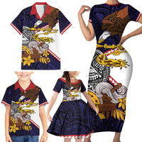 American Samoa Eagle Kava Bowl Family Matching Short Sleeve Bodycon Dress and Hawaiian Shirt Plumeria Polynesian Pattern