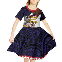 American Samoa Eagle Kava Bowl Kid Short Sleeve Dress Plumeria Polynesian Pattern