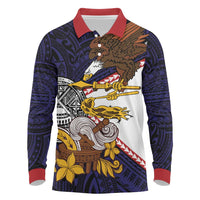 American Samoa Eagle Kava Bowl Long Sleeve Polo Shirt Plumeria Polynesian Pattern