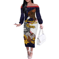 American Samoa Eagle Kava Bowl Off The Shoulder Long Sleeve Dress Plumeria Polynesian Pattern