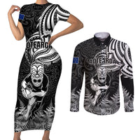New Zealand Silver Fern Rugby Couples Matching Short Sleeve Bodycon Dress and Long Sleeve Button Shirts Maori Tiki Player With Ta Moko Tribal LT01 Black - Polynesian Pride