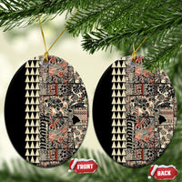 Hawaiian Quilt Ceramic Ornament Hibiscus Kakau Vintage Style LT01 Oval Beige - Polynesian Pride