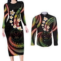 Hawaii Map Kanaka Maoli Couples Matching Long Sleeve Bodycon Dress and Long Sleeve Button Shirt Fantastic Frangipani Reggae