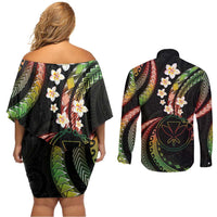Hawaii Map Kanaka Maoli Couples Matching Off Shoulder Short Dress and Long Sleeve Button Shirt Fantastic Frangipani Reggae