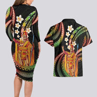 Hawaii King Kamehameha Couples Matching Long Sleeve Bodycon Dress and Hawaiian Shirt Fantastic Plumeria Reggae