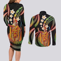 Hawaii King Kamehameha Couples Matching Long Sleeve Bodycon Dress and Long Sleeve Button Shirt Fantastic Plumeria Reggae