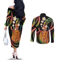 Hawaii King Kamehameha Couples Matching Off The Shoulder Long Sleeve Dress and Long Sleeve Button Shirt Fantastic Plumeria Reggae