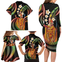 Hawaii King Kamehameha Family Matching Long Sleeve Bodycon Dress and Hawaiian Shirt Fantastic Plumeria Reggae