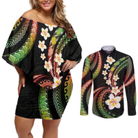 Hawaii Plumeria Reggae Couples Matching Off Shoulder Short Dress and Long Sleeve Button Shirt Polynesian Pattern LT01 Reggae - Polynesian Pride