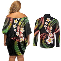 Hawaii Plumeria Reggae Couples Matching Off Shoulder Short Dress and Long Sleeve Button Shirt Polynesian Pattern LT01 - Polynesian Pride