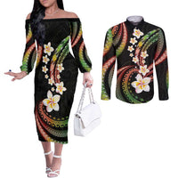 Hawaii Plumeria Reggae Couples Matching Off The Shoulder Long Sleeve Dress and Long Sleeve Button Shirt Polynesian Pattern LT01 Reggae - Polynesian Pride