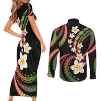 Hawaii Plumeria Reggae Couples Matching Short Sleeve Bodycon Dress and Long Sleeve Button Shirt Polynesian Pattern LT01 - Polynesian Pride