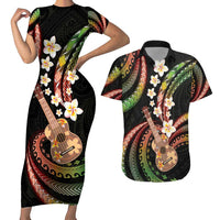 Hawaiian Ukulele Couples Matching Short Sleeve Bodycon Dress and Hawaiian Shirt Jawaiian Fantastic Plumeria