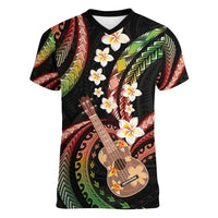 Hawaiian Ukulele Women V-Neck T-Shirt Jawaiian Fantastic Plumeria