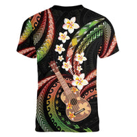 Hawaiian Ukulele Women V-Neck T-Shirt Jawaiian Fantastic Plumeria
